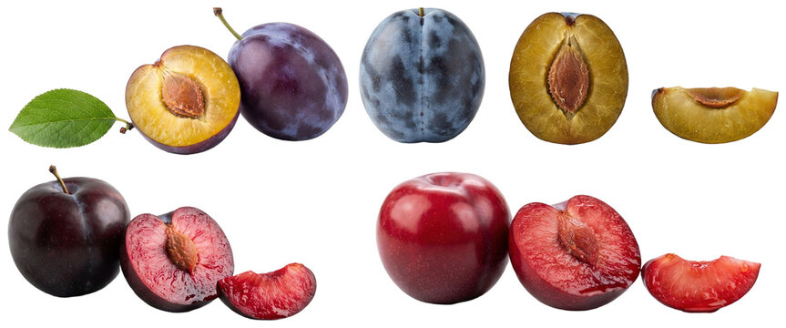 A studio assortment of plums in different varieties, colors, and cut forms arranged on a clean white background.