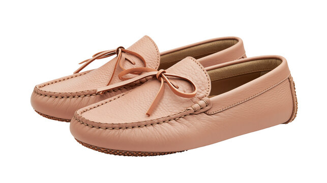 Pair of soft pink leather moccasin shoes with decorative laces, isolated on transparent background