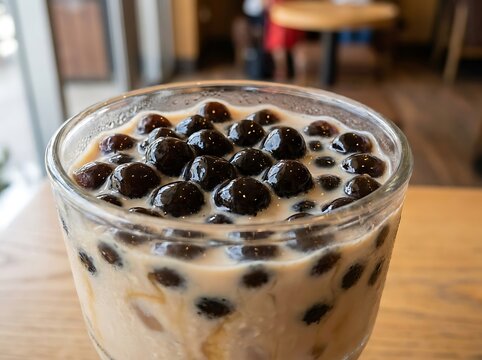 A close-up view of a refreshing bobba tea drink filled with chewy tapioca pearls served in a clear glass container