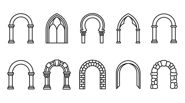 Architectural arch line icon set including roman gothic horseshoe brick and stone arches with columns vector illustration