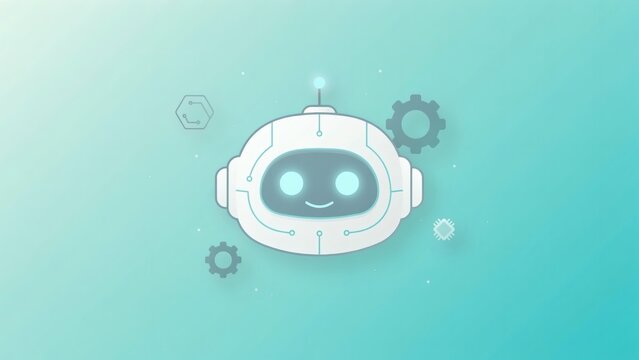 Friendly digital artificial intelligence assistant robot head floating against minimalist soft teal background gradient with floating technological icons