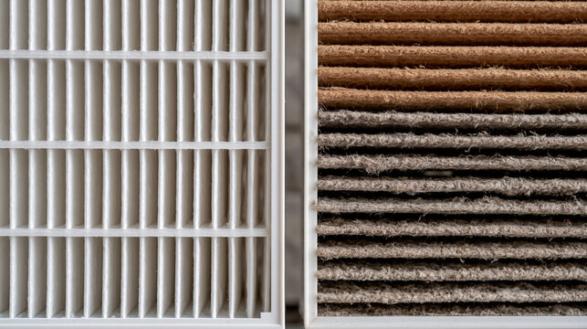 Detailed view of clean and dirty air conditioner filters side by side demonstrating the results of professional post summer cleaning and maintenance ultra photorealism, cinematic color correction, n