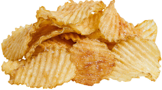 Golden wavy potato chips with salt crystals, isolated on transparent background