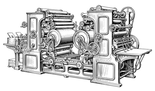 Vintage Engraving Illustration of a Large Complex Antique Rotary Printing Press Machine for Historical Industrial Technology Backgrounds