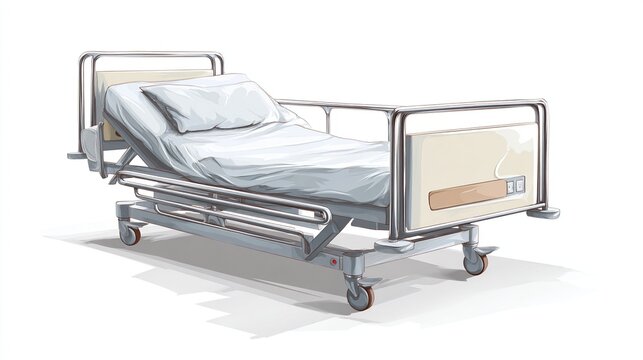 Adjustable Hospital Bed with White Bedding and Rails