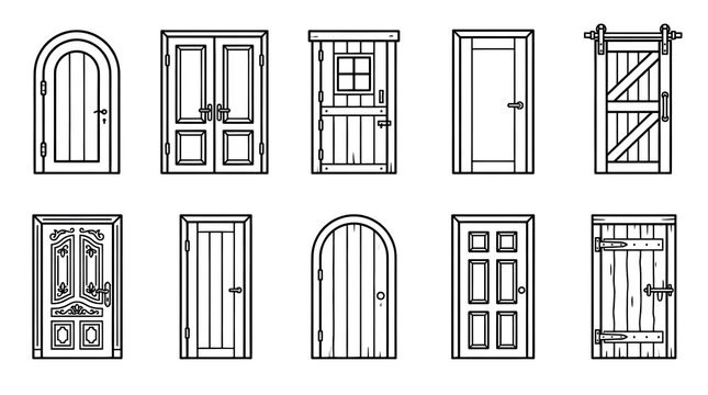 Wooden door line icon set including arched door double door sliding barn door and rustic interior doors vector illustration