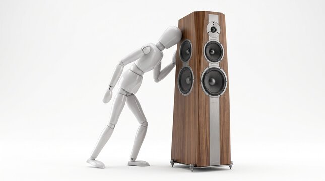 Minimalist white mannequin leaning against hi-fi floor speaker, wooden tower loudspeaker with audio drivers, high-end sound system concept on white background
