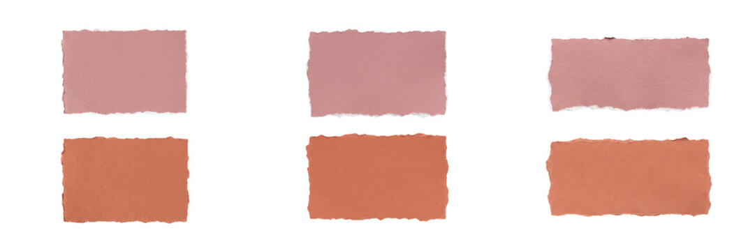 Set of six torn paper pieces in shades of pink and orange isolated on transparent background