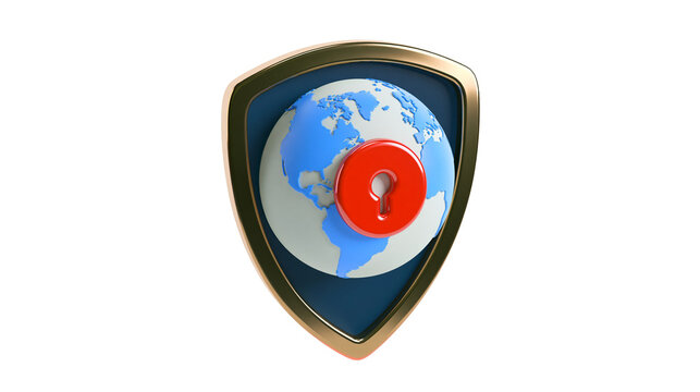 Golden shield protecting globe with red lock symbol, isolated on transparent background