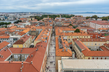 Obraz premium Zadar old town aerial skyline view with Kalelarga street and red tiled roofs in Croatia.
