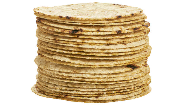 Stack of golden brown corn tortillas lightly charred edges, isolated on transparent background