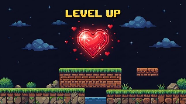 Pixel art game level up screen with a glowing red heart icon floating above a platformer landscape with bricks, grass, and a starry night sky