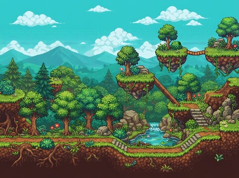Pixel art fantasy landscape with floating islands, lush forest, and a serene river flowing through a mountainous valley in a sidescrolling game style