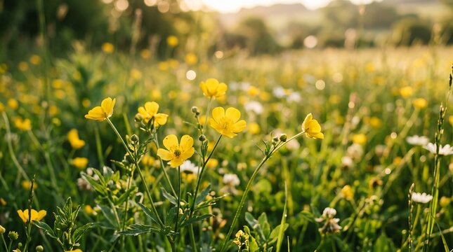 Golden sunlight illuminates a field of vibrant yellow wildflowers and green grass, evoking a sense of peaceful nature.