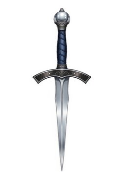Ornate Medieval Fantasy Dagger with Blue Leather Grip and Engraved Guard Isolated on White Background