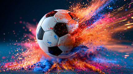 Fototapeta premium Soccer ball striking the surface with vibrant colored powder exploding outward on a deep blue seamless background dramatic sports action ultra photorealism, cinematic color correction, natural uneve