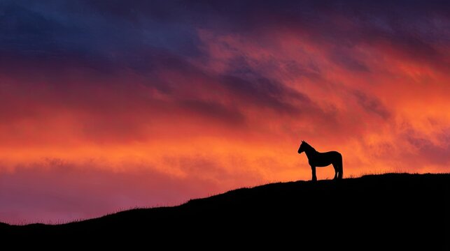 Majestic Horse Silhouette Against Vibrant Sunset Sky Colors
