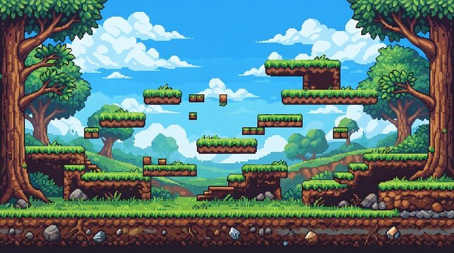 Pixel art platformer game level background with floating grass islands and trees