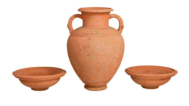 Terracotta amphora with two shallow bowls, isolated on transparent background
