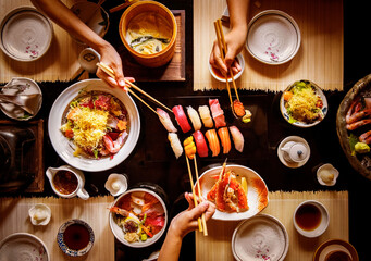 Obraz premium Top view sushi dinner with chopsticks and Japanese dishes