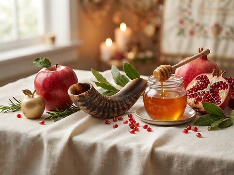 Rosh hashanah celebration table with shofar, honey, apples, and pomegranates