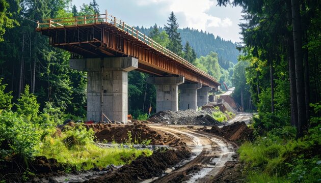 Incomplete highway bridge structure over a green forest landscape.