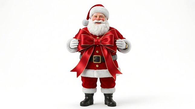 Santa Claus Holding a Large Red Christmas Gift Bow Isolated on White Background