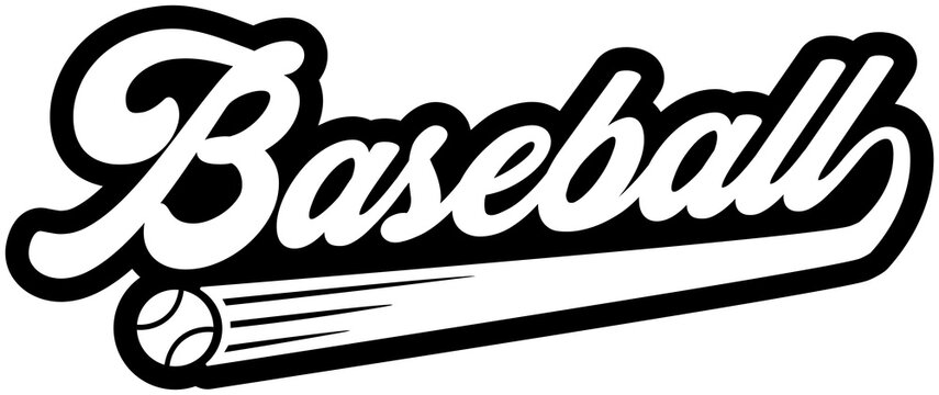 Vintage baseball typography logo and tail swoosh emblem set with flying ball for team merchandise, t-shirts, and sports branding
