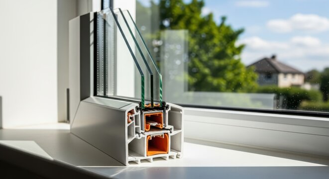Triple Glazed Window Cross Section Showing Energy Efficient PVC Frame and Glass Panes for Home Insulation