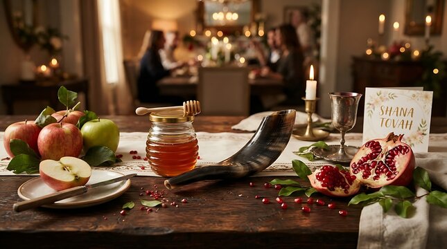 Rosh hashanah celebration table setting with shofar, honey, apples, and pomegranate