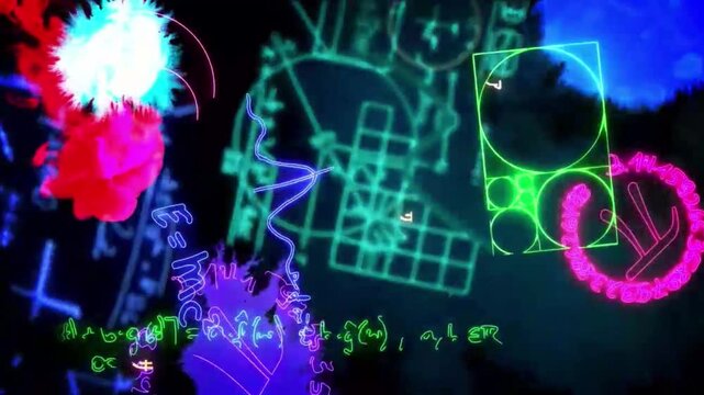 Glowing Neon Math Formulas Golden Ratio and Science Equations Abstract Smoke Background Animation