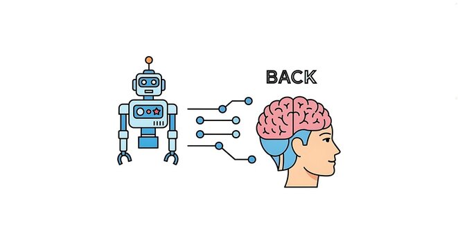 Blue AI robot linked by wires to a human brain profile. Futuristic tech concept showing artificial intelligence merging with the human mind.