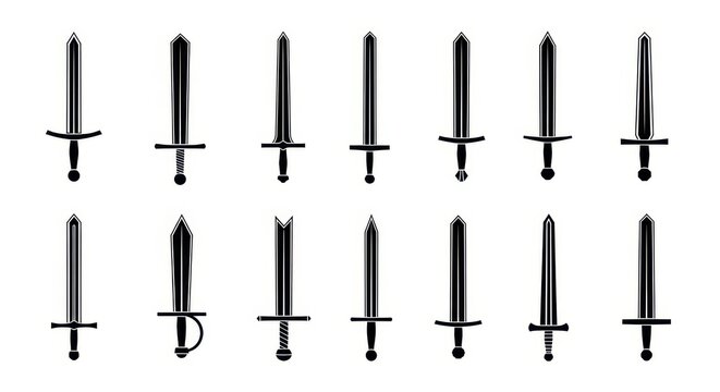 Set of Medieval Sword Silhouettes, Ancient Weapon Icons for Games and Graphic Design, Vector Illustration