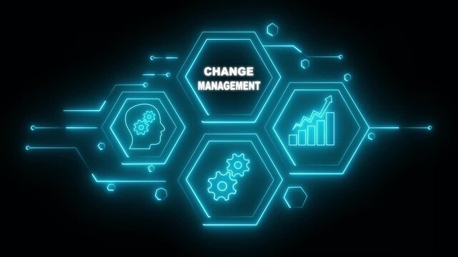 Abstract neon Hud knowledge ability business gear icon Glowing neon line concept. Glowing "Change Managment " button in German on a futuristic, abstract wave technology on black background.