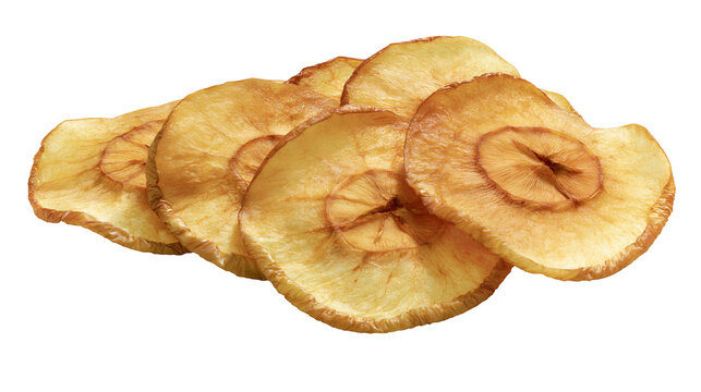 Crispy golden baked apple chips dehydrated fruit snack, isolated on transparent background