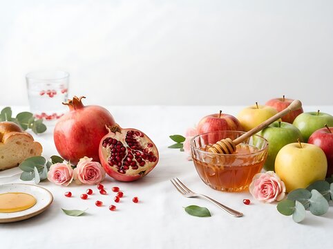 Rosh hashanah celebration table with pomegranates, apples, honey, challah bread, and flowers, isolated on white background