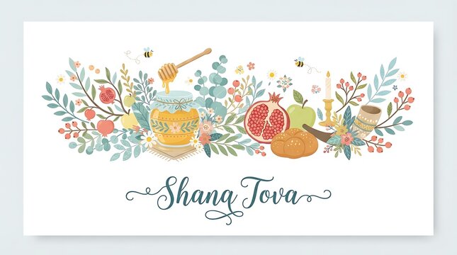Rosh hashanah greeting card with honey, pomegranate, challah bread, and shofar isolated on white background