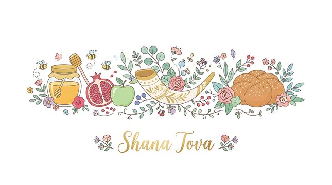 Shana tova greeting card with traditional rosh hashanah symbols isolated on white background