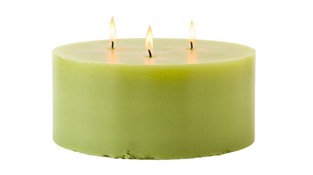 Large cylindrical lime green candle with three burning wicks, isolated on transparent background