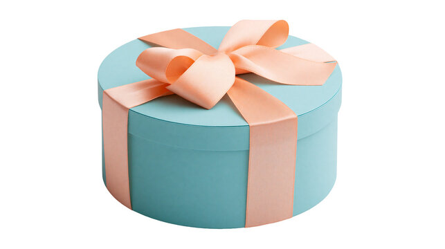 Turquoise round gift box with peach satin ribbon bow, isolated on transparent background