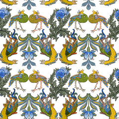 Obraz premium Art Nouveau Bird Motif Seamless Wallpaper