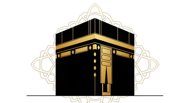 Kaaba Mecca vector illustration with Islamic golden Arabic pattern background isolated transparent PNG