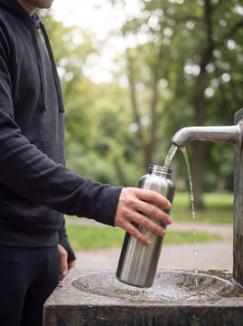 Person filling stainless steel water bottle at outdoor park drinking fountain