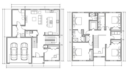 Fototapeta premium Detailed architectural floor plan showing ground and upper levels of a modern residential house design