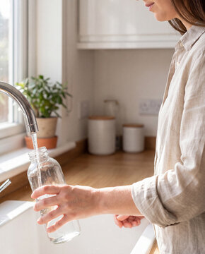 Woman refilling reusable glass water bottle at kitchen sink faucet tap
