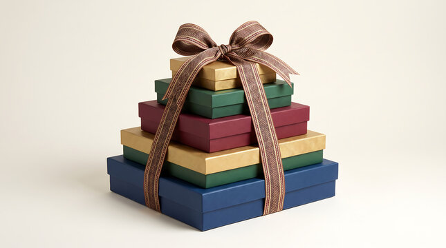 Pyramid Stack of Assorted Colorful Gift Boxes Wrapped with a Striped Brown Ribbon and Bow on Plain Background