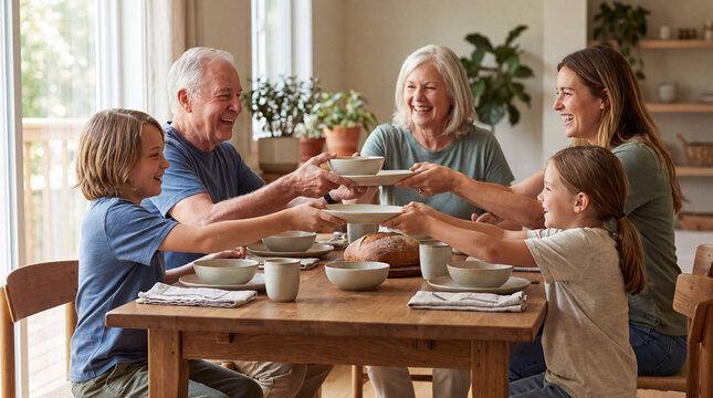 Multigenerational family sitting at wooden table sharing delicious home meal