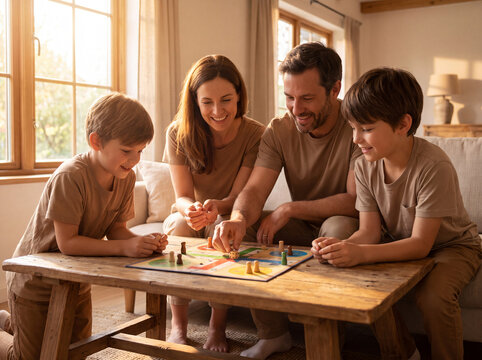 Family playing fun tabletop board game together at low living room table