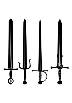Set of Four Medieval and Fantasy Sword Silhouettes Isolated on White Background for Design Projects