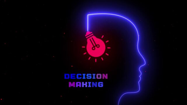 Futuristic decision making concept with glowing neon head silhouette and light bulb representing analysis, leadership, judgment, and strategic thinking.